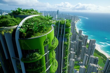 Poster - A futuristic city powered by magical green energy sources, where plants grow on buildings and nature thrives alongside technology