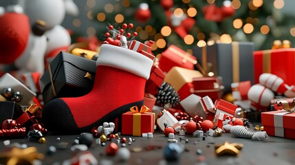 A Christmas stocking spills over with ornaments and presents, creating a festive holiday display.