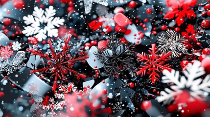 Wall Mural - Red, white, and black snowflakes twinkle against a soft bokeh background, capturing winter�s magic.