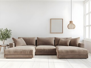 Wall Mural - Warm and Relaxing Modern Living Room with Plush Sectional Sofa in Calming Hue and Elegant Wood Decor   Bright and Airy Atmosphere Mid Century Modern