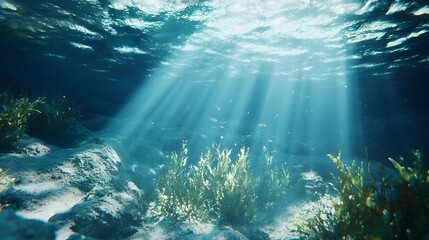 Poster - Serene image of sunlight filtering through the calm and peaceful waves of the deep blue ocean creating a beautiful and soothing underwater nature scene