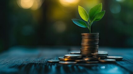 Poster - Stacked coins with a green plant sprouting on top, symbolizing growth, with copy space.