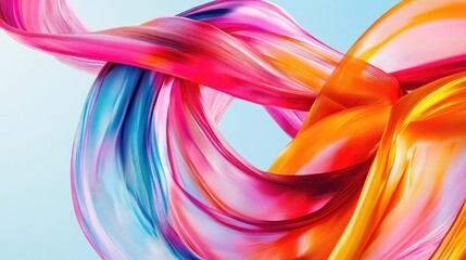 Poster - Swirling abstract ribbons in vibrant pink, blue, and orange glide fluidly on a light blue background. No people.
