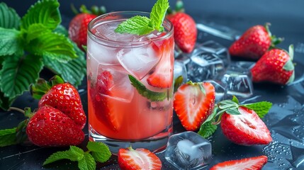 A chilled glass of strawberry juice with ice cubes, surrounded by fresh strawberries and mint leaves