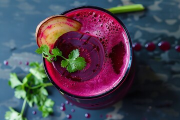 A glass of beetroot juice with a vibrant magenta color, topped with a thin slice of beetroot and a sprig of cilantro.