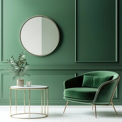 Poster - Contemporary interior: emerald green wall with white trim and brass accents, large round mirror above elegant velvet chair, minimalist table with marble top and modern design elements.