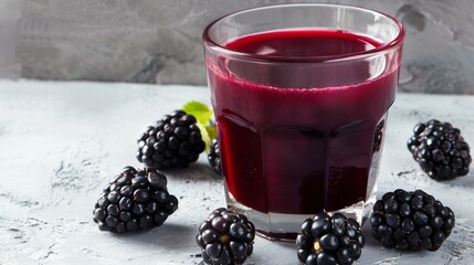 A glass of blackberry juice with blackberries around the glass, placed on a simple backdrop