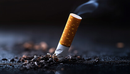 Against a dark background, a smouldering cigarette emits a faint red light, the smoke slowly rising upwards, dissolving into the surrounding darkness