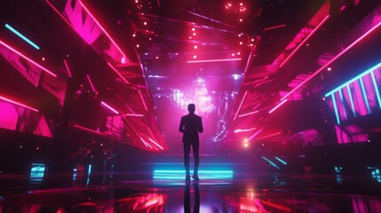 Leinwandbilder - A single figure stands in the center of a stage bathed in vibrant pink and blue light