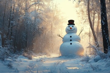 Canvas Print - Snowman Standing in a Snowy Forest at Sunset