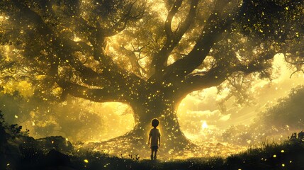 The boy standing in front of a large tree with a magical aura