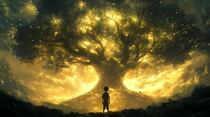 The boy standing in front of a large tree with a magical aura