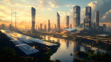 Poster - sustainable solarpunk utopia smart city with integrated solar panels wind turbines hydroelectric gen