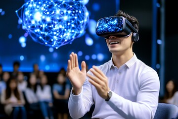 Poster - A futuristic teacher conducting a lesson through a virtual reality classroom, with students attending remotely from different parts of the world
