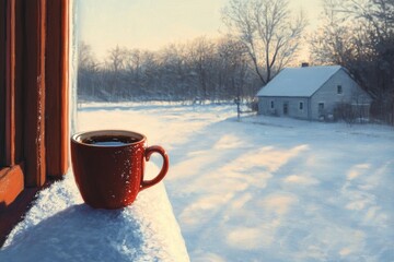 Sticker - A Red Mug of Coffee on a Snowy Windowsill Overlooking a Small House and Snowy Field