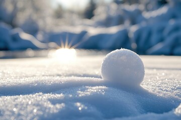 Sticker - A Single Snowball Partially Submerged in Sparkling Snow with Sun Glimmering in the Background