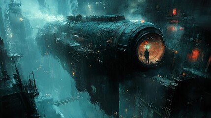 Wall Mural - Futuristic Cityscape: A Hovering Spaceship in a Rainy Night