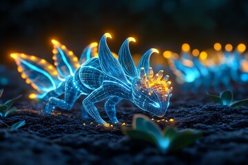Poster - A group of magical creatures working together to capture carbon from the atmosphere, using glowing, otherworldly technology