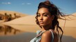 © Iona - A stunning woman with flowing hair stands poised against a sandy desert backdrop, exuding confidence and allure.