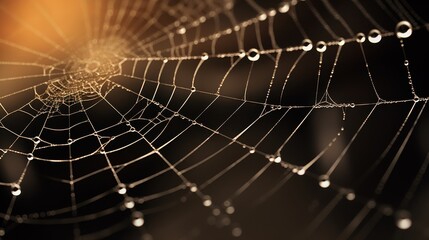 A close-up of a dew-covered spider web glistening in the morning light, showcasing its delicate structure and nature's intricate designs.