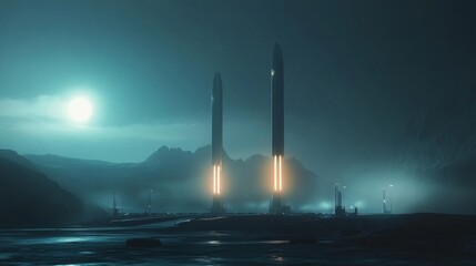 Poster - Two towering rockets shine brightly on a shadowy lunar surface, flanked by distant mountains and a glowing celestial body, creating a sense of anticipation.
