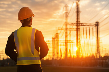 A man in a yellow vest and hard hat stands in front of a power plant