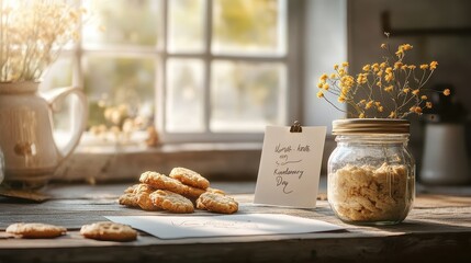 Sticker - Cozy Autumn Baking Scene with Homemade Cookies and Wildflowers