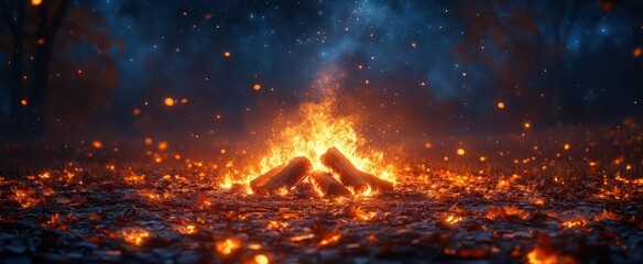 a warm bonfire crackling under a starry autumn sky with glowing embers and charred leaves inviting a cozy atmosphere perfect for gathering and storytelling on a chilly evening