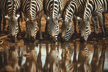 a herd of zebras drinking from a waterhole in the dry savanna