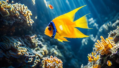 Luminous Yellow Angelfish Gliding Through Sunlit Coral Reef Amidst Vibrant Marine Life