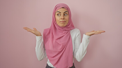 Wall Mural - A young woman in a pink hijab expressing uncertainty against an isolated pink background.