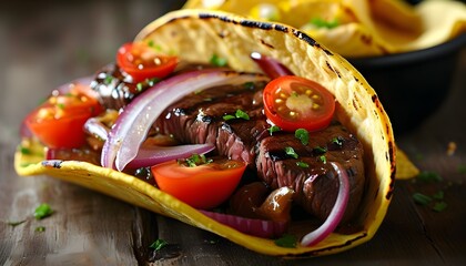 Savory grilled steak tacos with fresh red onion, juicy tomato, and warm tortilla in a tantalizing close-up shot