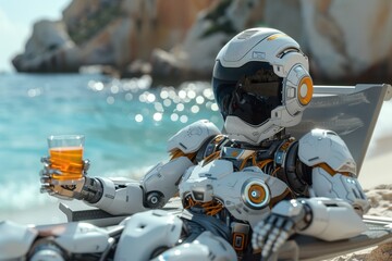 The robot is sitting on a chaise longue on the beach with a cocktail in his hand resting