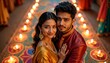 © ahmed - Indian Couple Embracing Diwali Spirit Surrounded by Glowing Diyas and Warmth Indoors