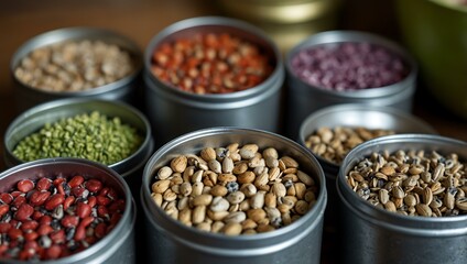 Floral seeds stored in metallic tins.