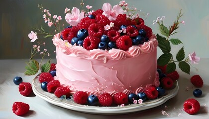 Wall Mural - Delightful pink cake adorned with fresh raspberries, blueberries, and delicate flowers embodying celebration and the joy of special occasions