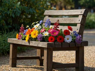 Flowers adorning a bench.