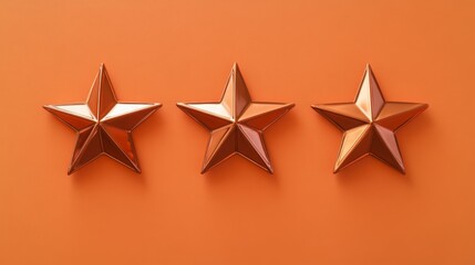 Poster - Three glossy metallic stars are arranged in a row on a bright orange background, creating a striking visual contrast. The stars reflect light beautifully, adding a touch of elegance to the setting.