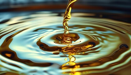 Golden liquid cascading onto a reflective surface, creating captivating ripples that embody fluidity, movement, and transformation