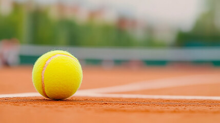 A tennis ball is sitting on the ground in front of a tennis court