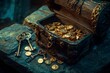 © Olsek - Ancient treasure chest filled with gold coins and vintage keys. Mystical and alluring style. Perfect for adventure themed art or designs. Generative AI.