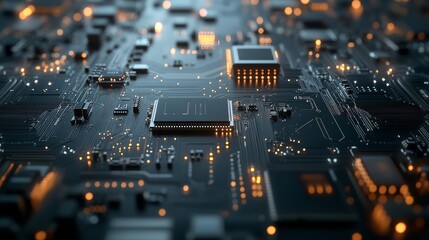 Poster - A closeup view of a circuit board reveals intricate electronic components and sharp details, showcasing the complexity of modern technology in action