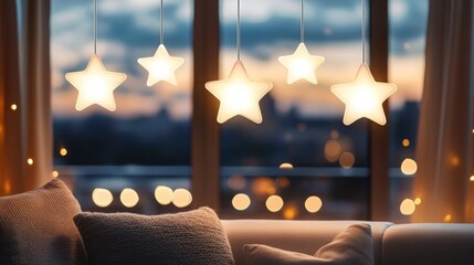 Poster - Soft star-shaped lights hang from the ceiling, casting a warm glow in a cozy living room with a view of the city as dusk falls. The atmosphere feels inviting and peaceful.