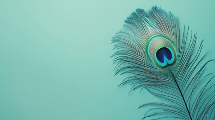 Poster - A single peacock feather highlights its vibrant colors and intricate patterns, elegantly displayed against a soothing pastel green background, creating a serene atmosphere