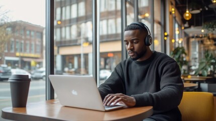 Aufkleber - A young man sits at a table in a trendy cafe, focused on his laptop. He wears headphones and enjoys a coffee in a bustling city environment filled with natural light and greenery.