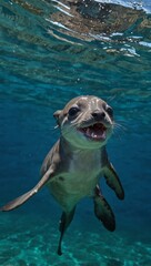 Wall Mural - Happy dolphin pup swimming joyfully.