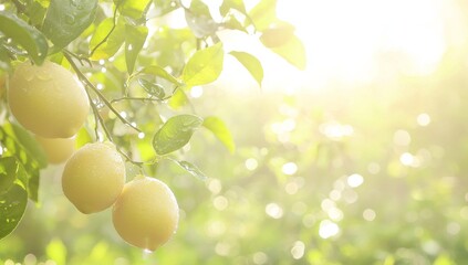 A lemon tree with ripe yellow lemons and dewdrops on a blurred citrus fruit farm agriculture background closeup design for text. Organic and non-GMO products.