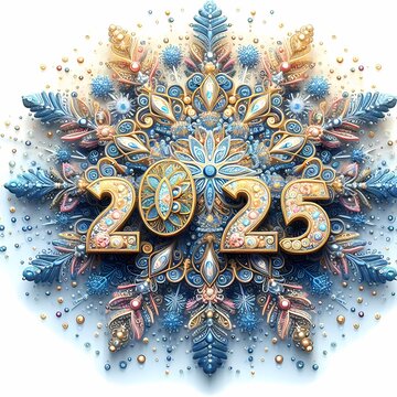 New Year print, postcard. The number 2025 among snow, snowflakes. Christmas