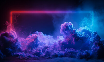 Poster - Neon Framed Rectangular Portal Amidst Vibrant Blue and Purple Clouds at Night, Trendy Abstract Background Design for Futuristic Concepts and Digital Art