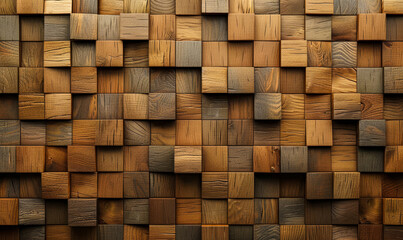 Poster - 3d wooden tile wall background with soft sheen and square blocks, timber wood textured wallpaper, ho